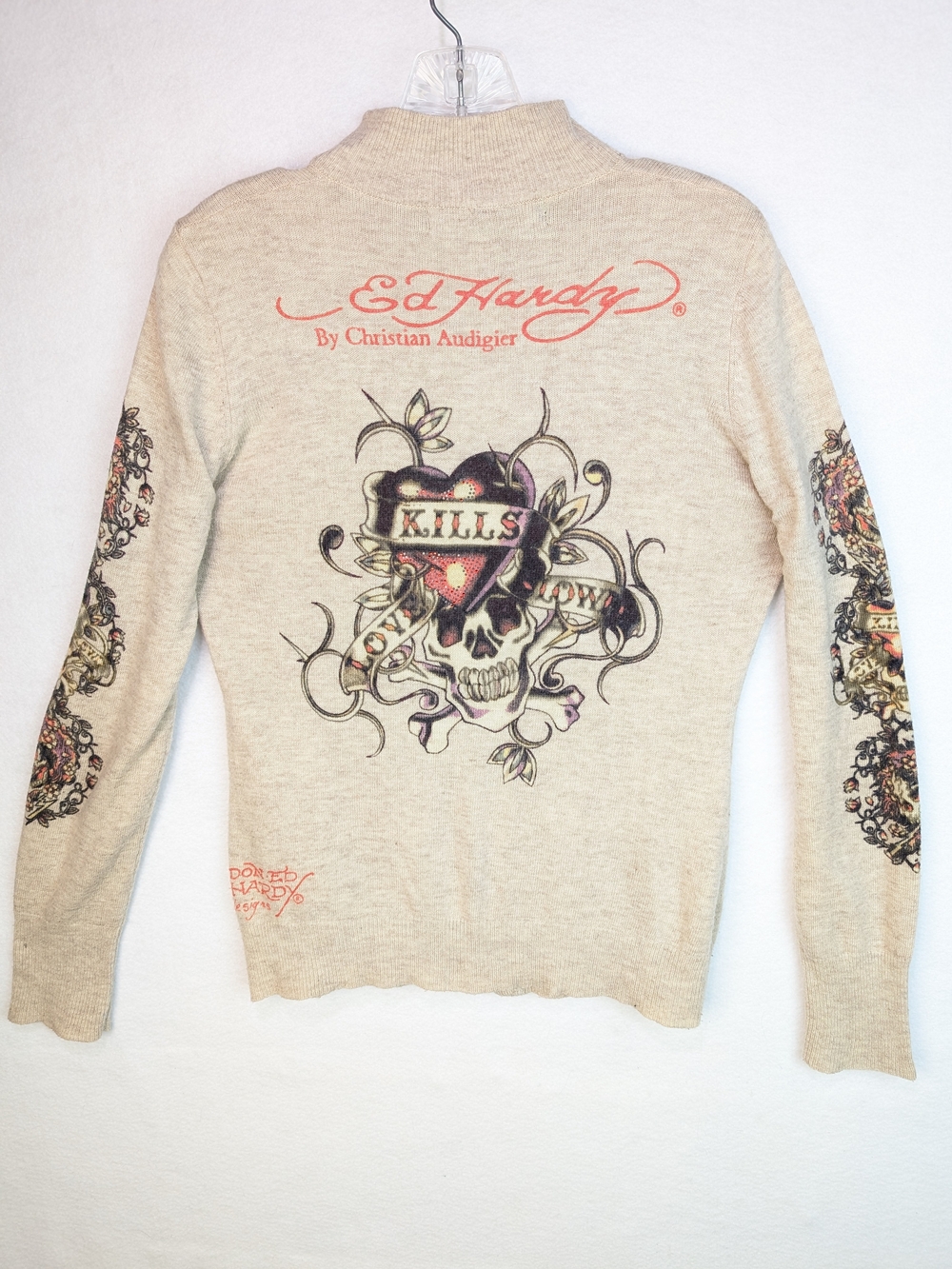 Vtg Y2K Ed Hardy Size XL (Fits M-L) Wool Angora Zip Up Graphic Cardigan Sweater